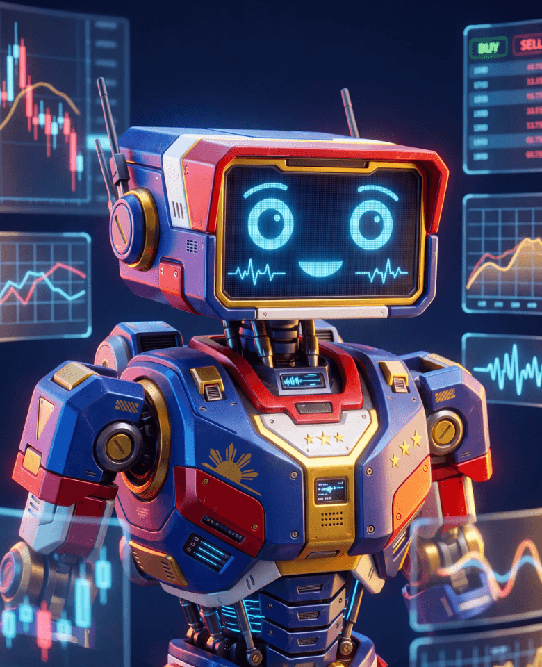A friendly blue, red, and gold robot with a Philippine sun emblem on its chest and a smiling digital face, standing in front of holographic candlestick charts and buy/sell market panels.